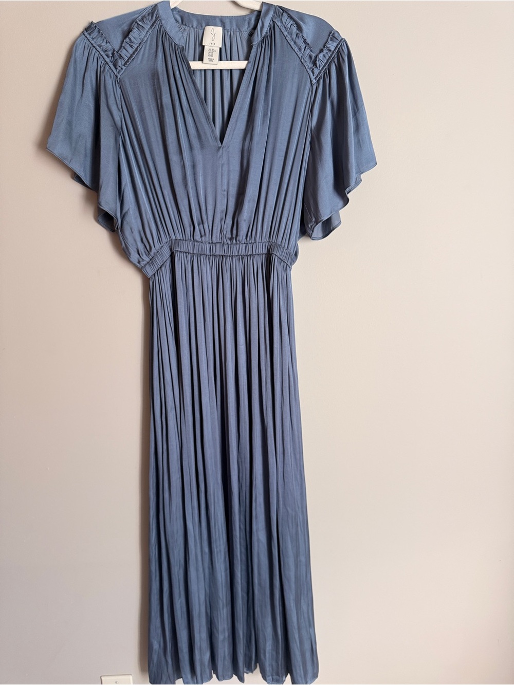 Joie Dusty Blue Pleated Maxi v neck Dress Flutter Sleeves 70’s flowy wedding XS